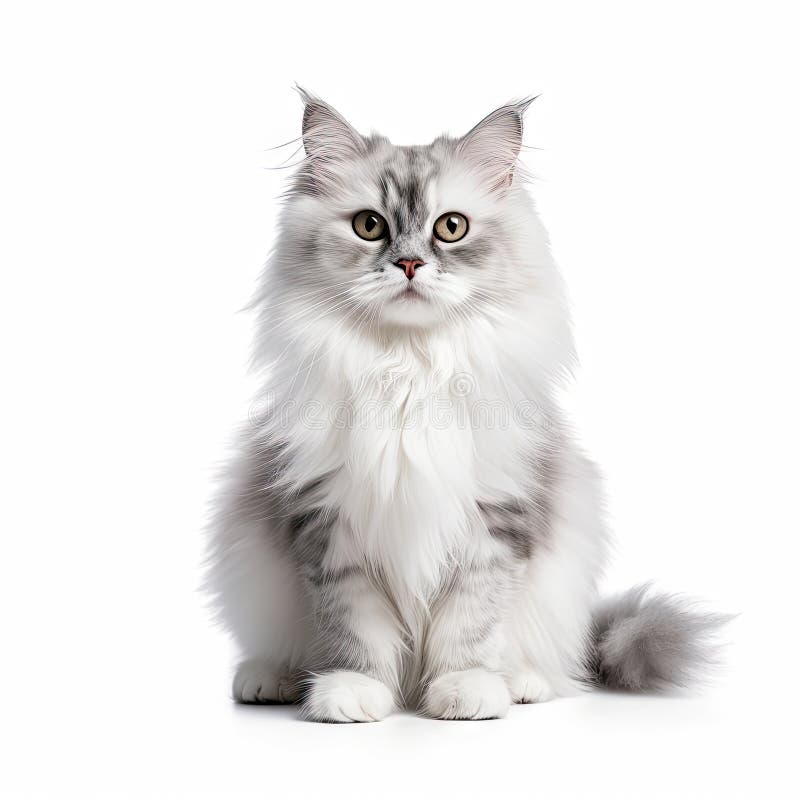 Beautiful persian white, grey fluffy cat sitting, front view. Cute kitten isolated on white