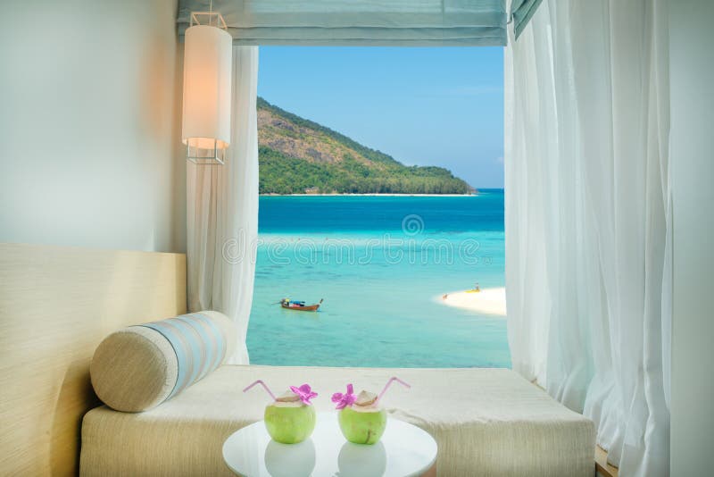 Beautiful Phuket tropical sea view at window in resort, Phuket