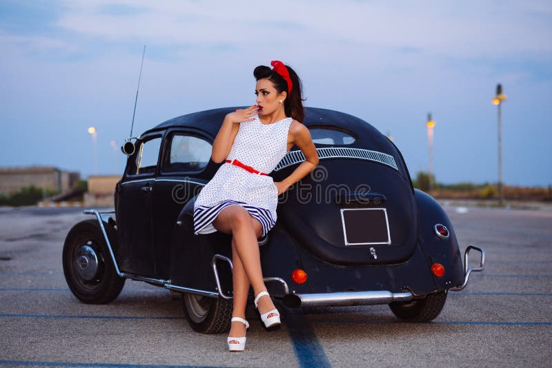 Beautiful Pin Up Girl Posing With Hot Road Car Stock Image Image Of