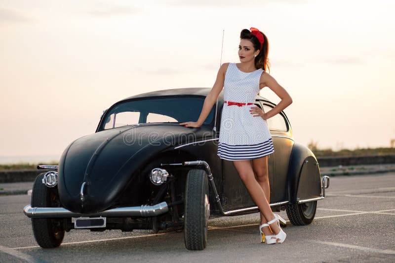 Beautiful Pin Up With Vintage Car Stock Image Image Of Beautiful