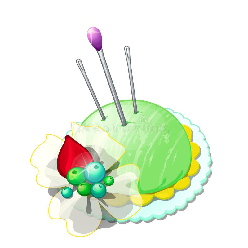Beautiful pincushion with needles and pins isolated on white background. Set sewing studio or tailoring atelier. Vector vector illustration Beautiful pincushion with needles and pins isolated on white background. Set sewing studio or tailoring atelier. Vector vector illustration