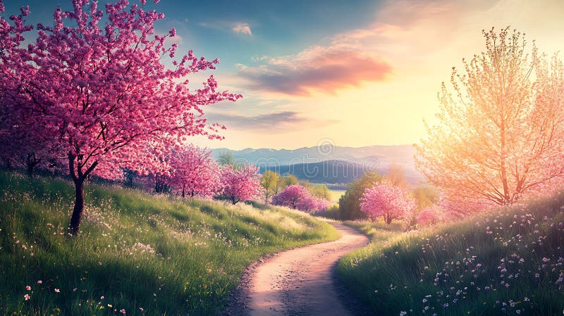 Beautiful Pink Cherry Blossom Trees at Sunset royalty free illustration