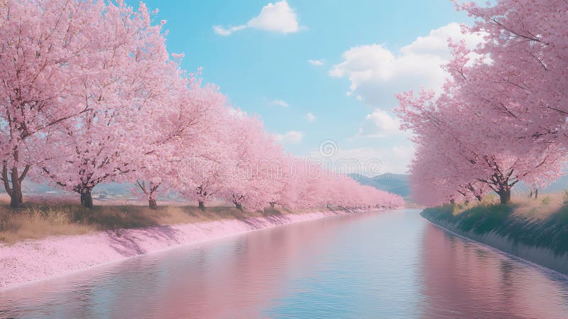 Beautiful Pink Cherry Blossoms along a Canal vector illustration