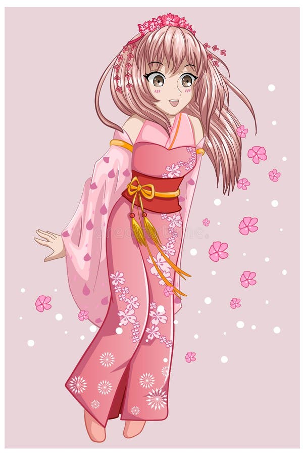 A Beautiful Pink Long Hair Anime Girl Japanese Wearing Pink Kimono with ...