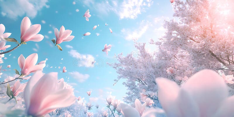 Beautiful Pink Magnolia Blossoms and Cherry Blossoms Spring Background royalty free illustration