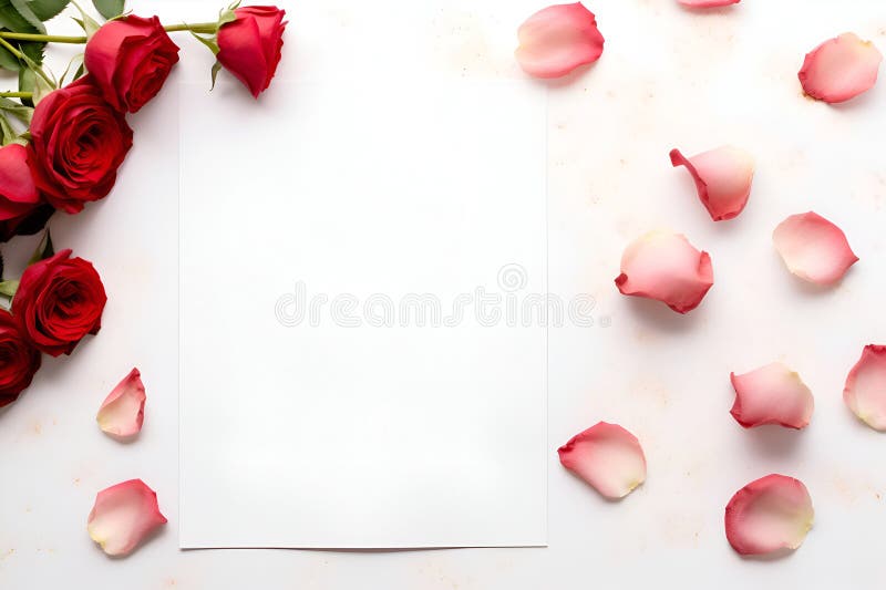 Red Roses Petals And Pearls Scattered On A White Surface Stock