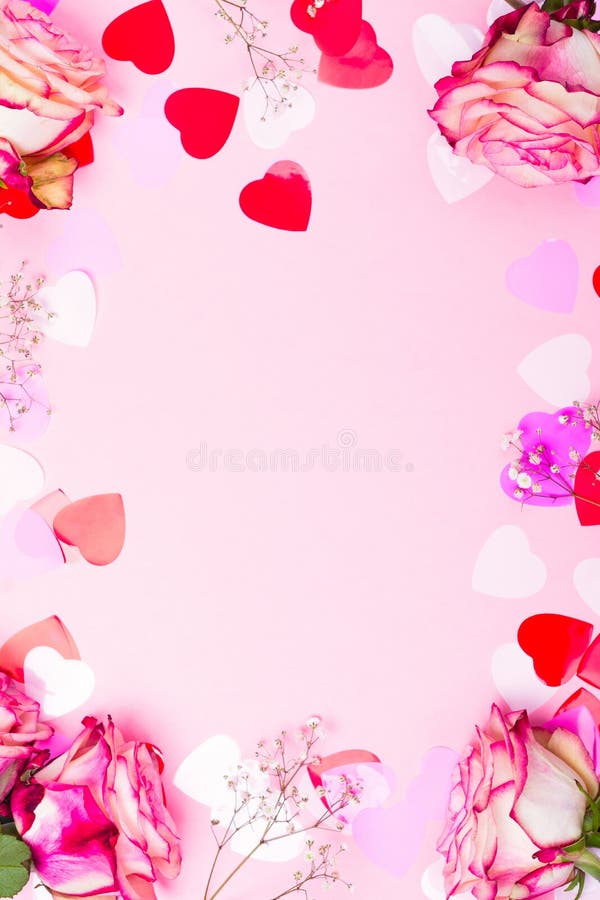 Beautiful pink rose, decorative confetti hearts and pink ribbon on pink Valentines day background royalty free stock photos Beautiful pink rose, decorative confetti hearts and pink ribbon on pink Valentines day background royalty free stock photos