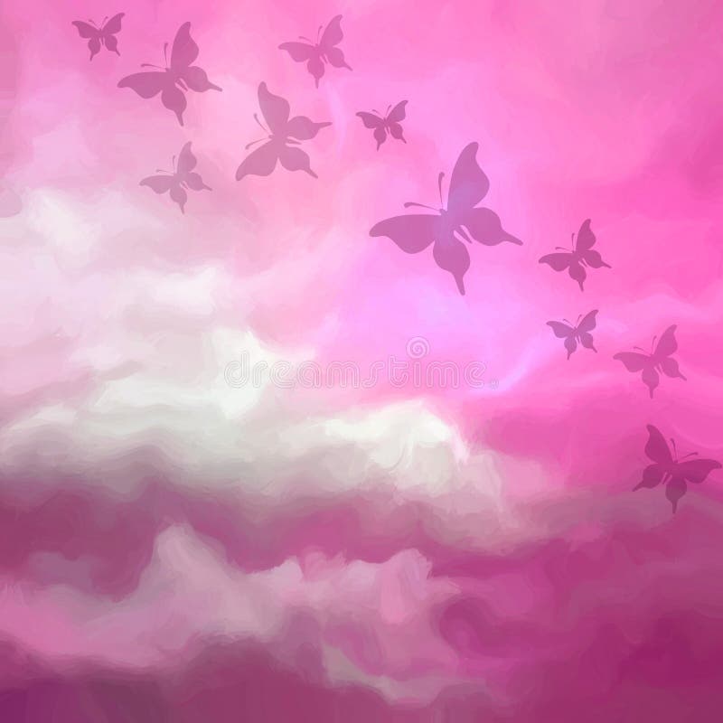 Beautiful Pink Sky Drawing With Butterflies Stock Illustration Image