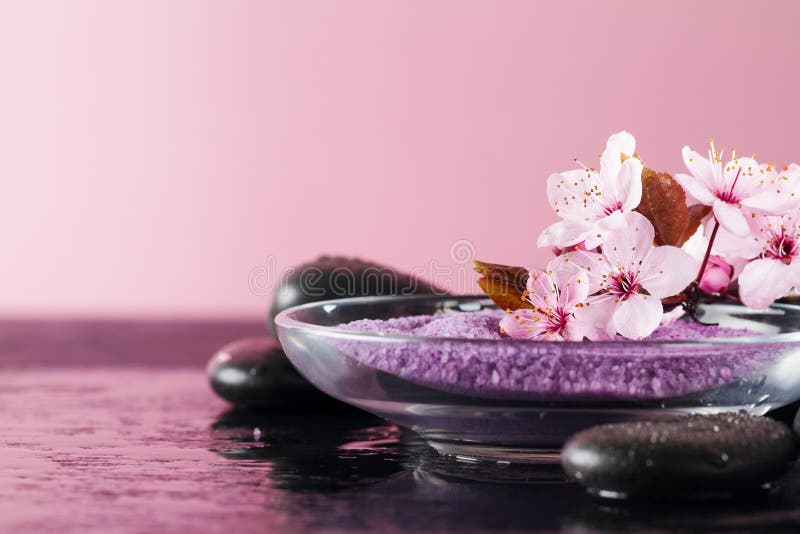 Beautiful Pink Spa Flowers on Spa Hot Stones on Water Wet Background ...