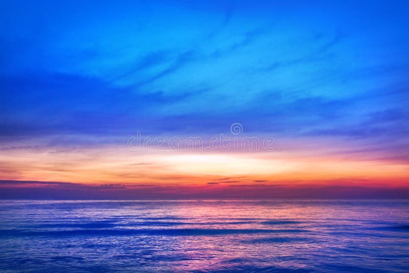 Beautiful pink sunset, blue sky, purple sea background, blurred watercolor sunrise, quiet ocean beach landscape, peaceful morning