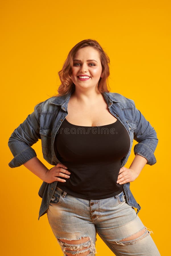 Beautiful Plus-size Model with Big Breast Smiling at Camera Stock Image -  Image of curvy, hands: 117198485