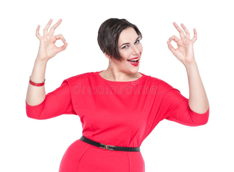 Beautiful Plus Size Woman With Ok Gesture With Her Hands Stock Image 