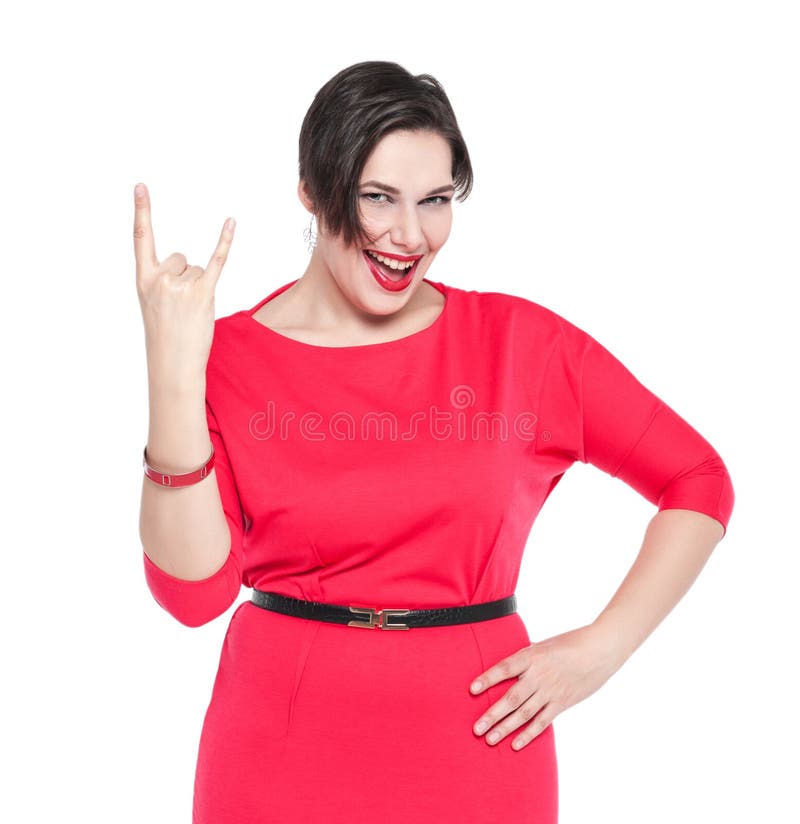 Beautiful Plus Size Woman In Red Dress With Horn Gesture Isolate Stock 