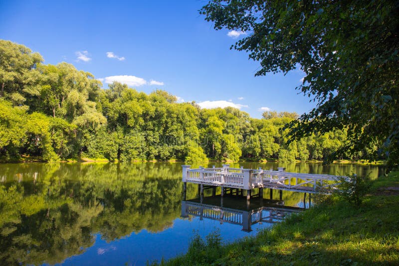 Beautiful Pond with a Wooden Pier Water Summer Day Stock Photo - Image ...