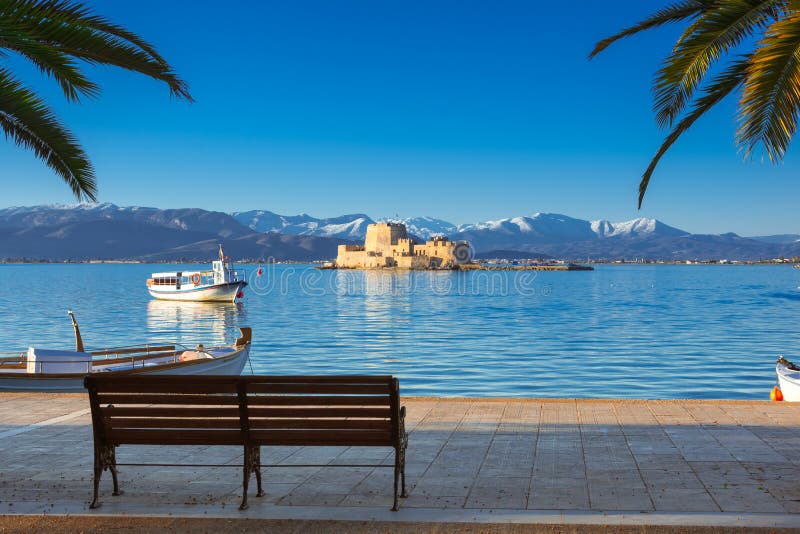 The Bourtzi water castle is a small island with a fortress at the coast of Nafplio in Greece