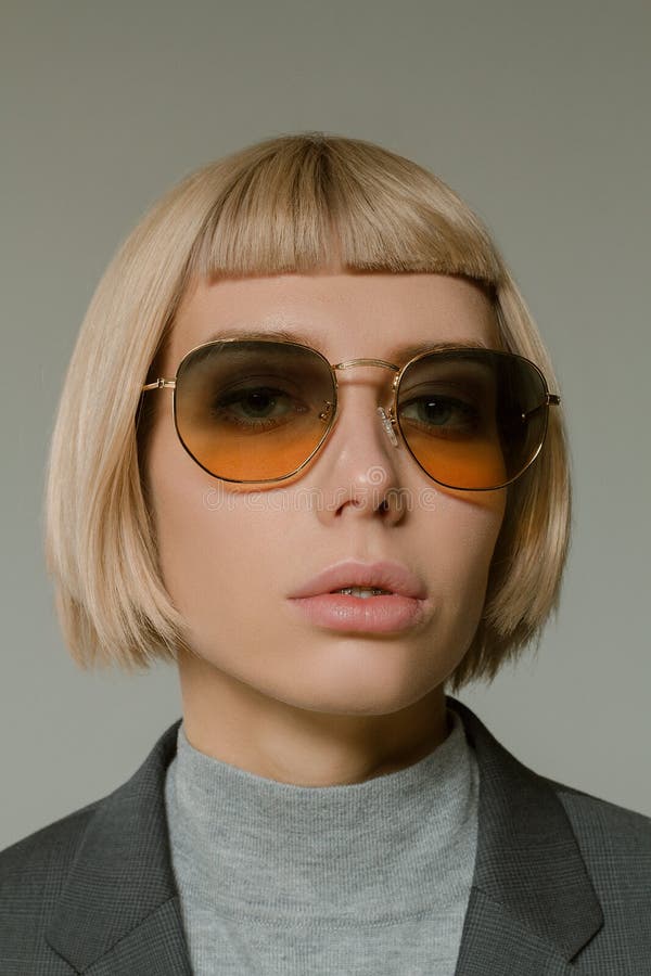 Blonde Girl with Short Hair Style in Fashion Glasses Stock Image ...