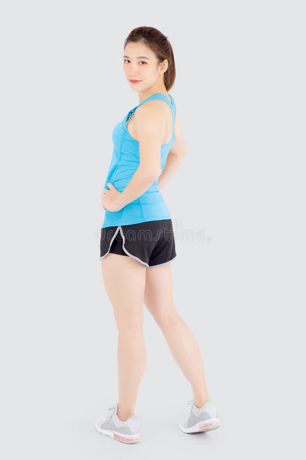 Beautiful Portrait Young Asian Woman in Sport Clothes with Satisfied ...