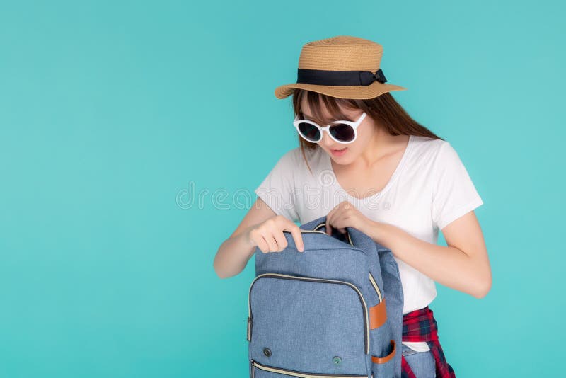 Beautiful portrait young asian woman wear sunglasses and hat smiling open backpack travel summer trip stock photos Beautiful portrait young asian woman wear sunglasses and hat smiling open backpack travel summer trip stock photos