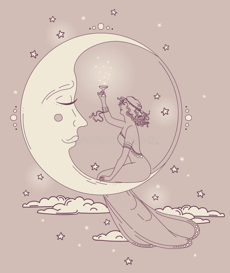 Beautiful poster in art nouveau style with party woman and moon in starry sky stock illustration Beautiful poster in art nouveau style with party woman and moon in starry sky stock illustration