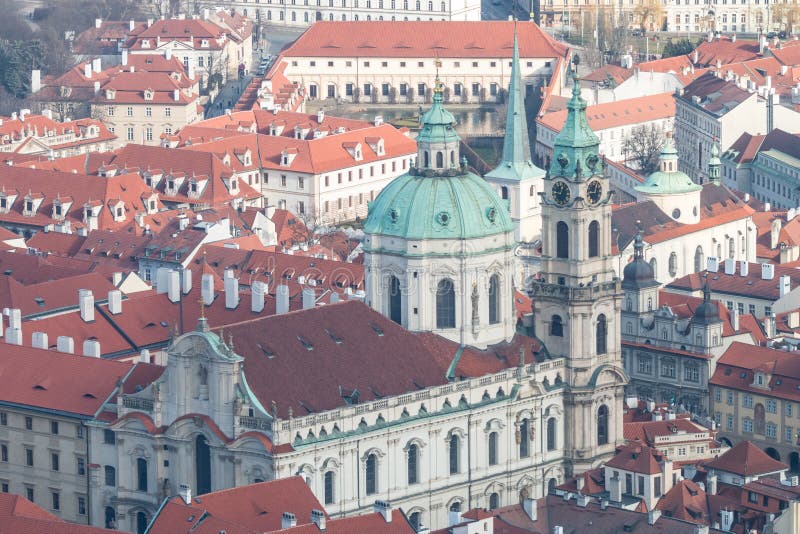 View of winter Prague with classic red roofs stock photos View of winter Prague with classic red roofs stock photos