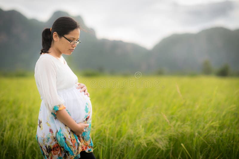 Beautiful Pregnant Asian Woman in Rice Field