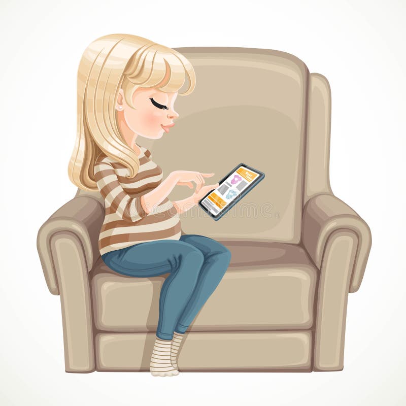 Beautiful pregnant blond woman sitting in armchair and use electronic tablet for information retrieval stock illustration