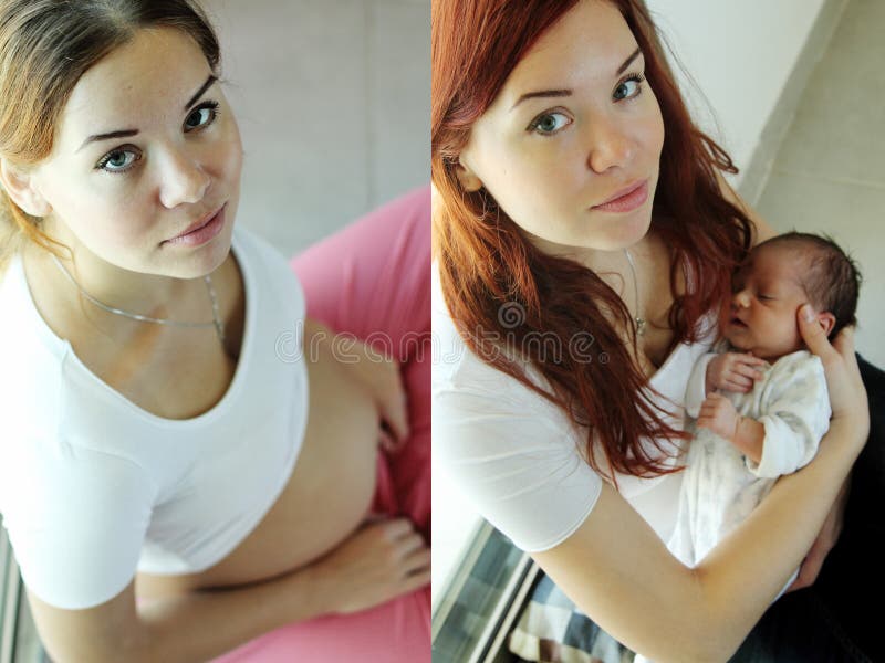 Beautiful pregnant girl and girl with her newborn bab