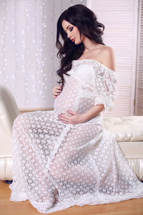 Beautiful Pregnant Woman with Dark Hair Wearing Lace Dress Stock Image - Image of fashion, body