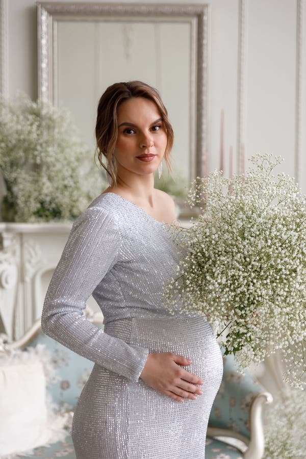 Beautiful Pregnant Woman in Evening Dress Stock Photo - Image of ...