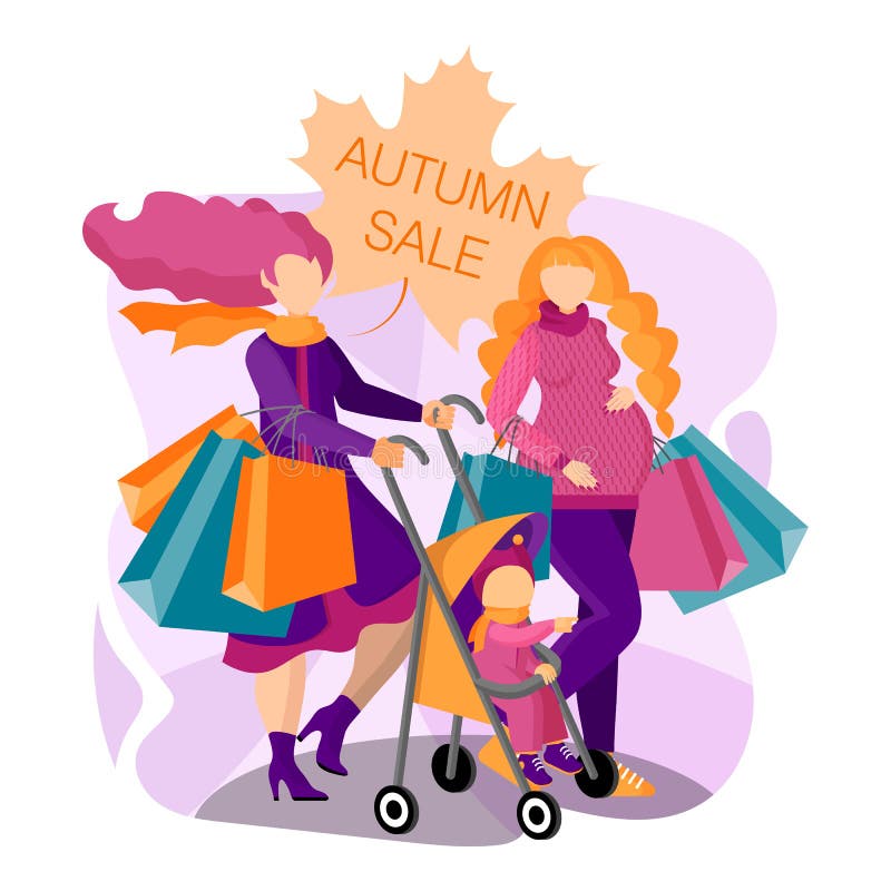 Beautiful pregnant woman and young mother with baby are shopping ay the autumn sale. Concept of a flyer, web banner, landing pages royalty free illustration Beautiful pregnant woman and young mother with baby are shopping ay the autumn sale. Concept of a flyer, web banner, landing pages royalty free illustration