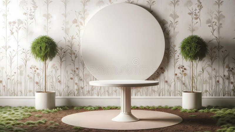 Beautiful Product Display Table with a Harmonious Blend of Natural Elements and Modern Design stock illustration