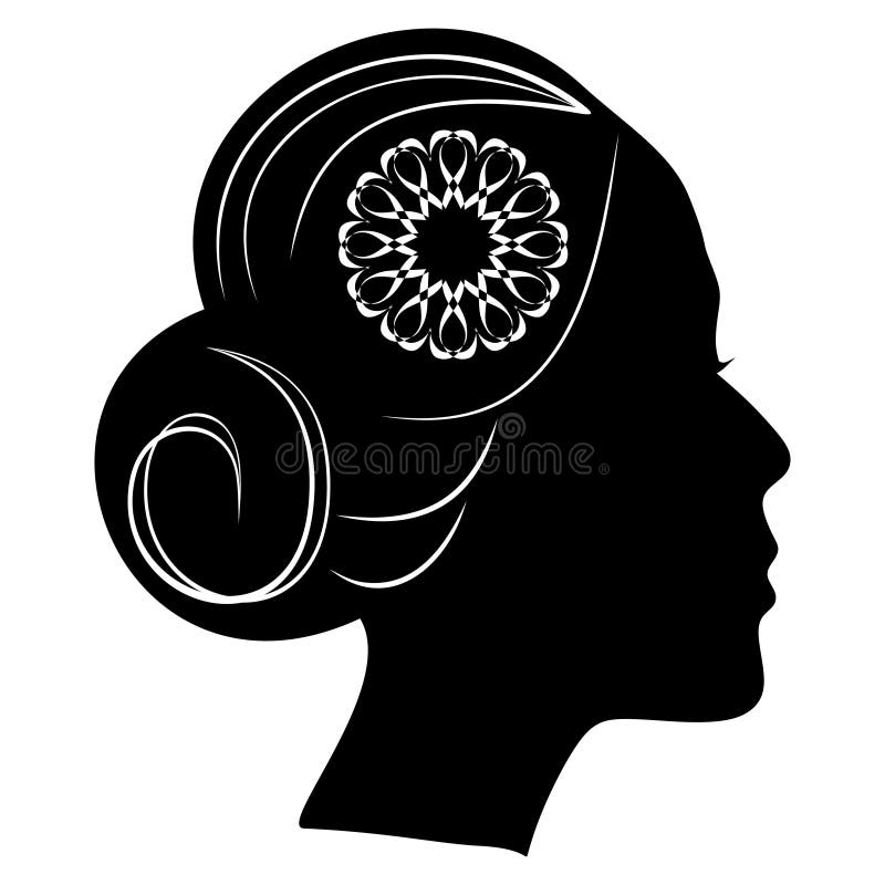Beautiful profile silhouette of lady with a bun and lace flower in hair. classic vintage hairstyle vector illustration Beautiful profile silhouette of lady with a bun and lace flower in hair. classic vintage hairstyle vector illustration