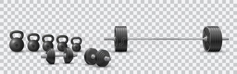 Beautiful realistic fitness vector of an olympic barbell, black iron dumbbels and a set of kettlebells on transparent background royalty free illustration