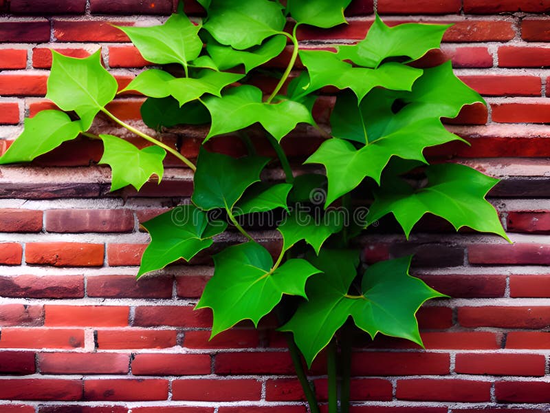 Beautiful red brick wall with ivy leaves , vector illustration.
