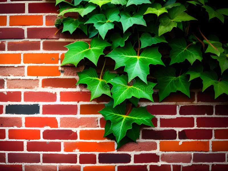 Beautiful red brick wall with ivy leaves , stock illustration.
