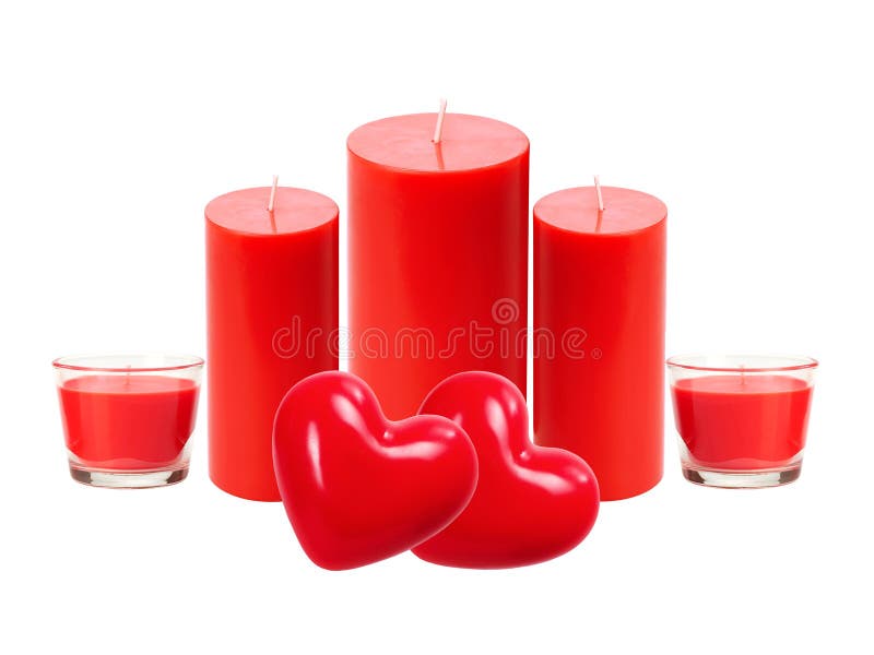 Beautiful Red Candles and Heart Isolated on White Stock Image Image