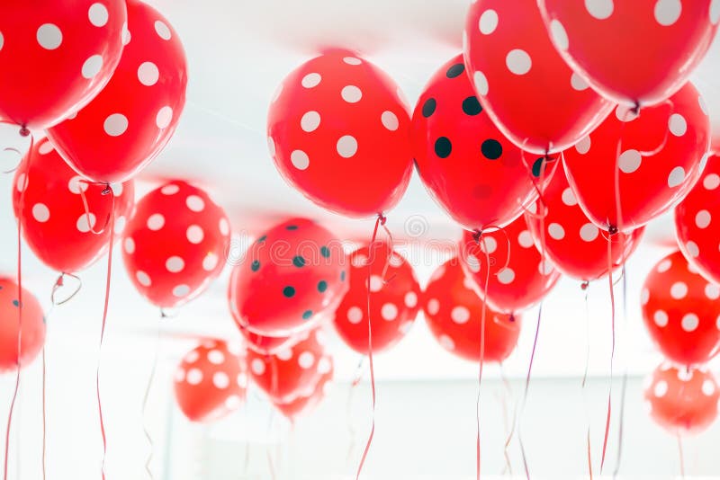 Beautiful red dotted balloons floating at white ceiling. Wedding or children birthday party decoration interior