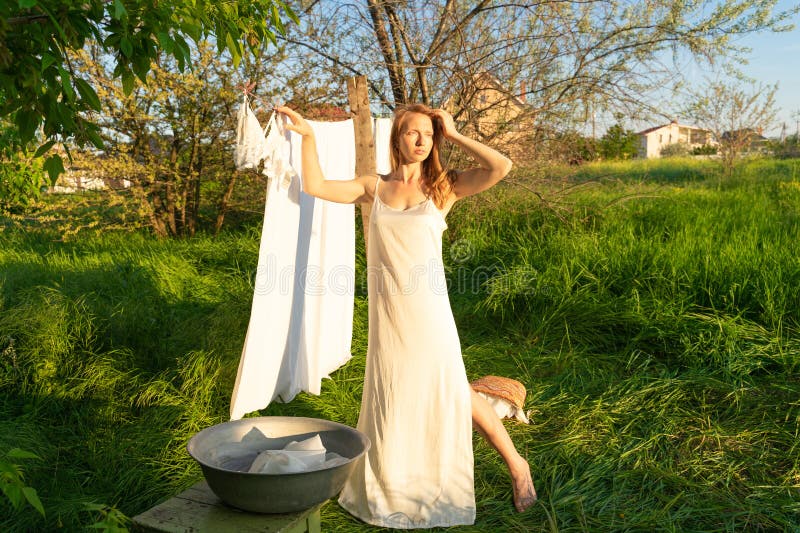 Beautiful Red Girl in Nightie.village Woman Working in Countryside ...