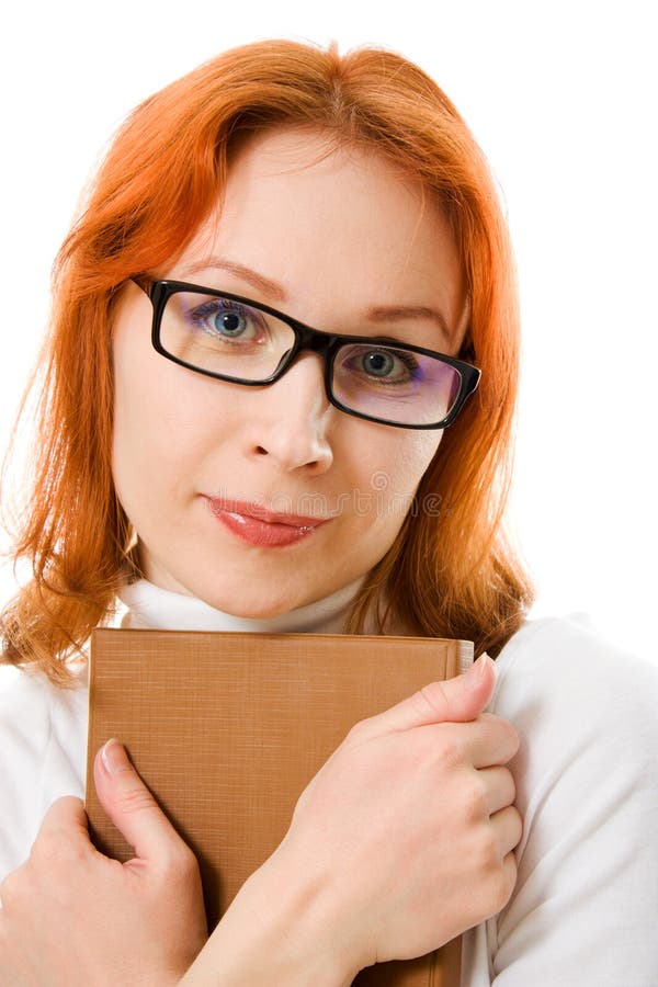 Beautiful Redhaired Girl in Glasses with Book. Stock Image Image of
