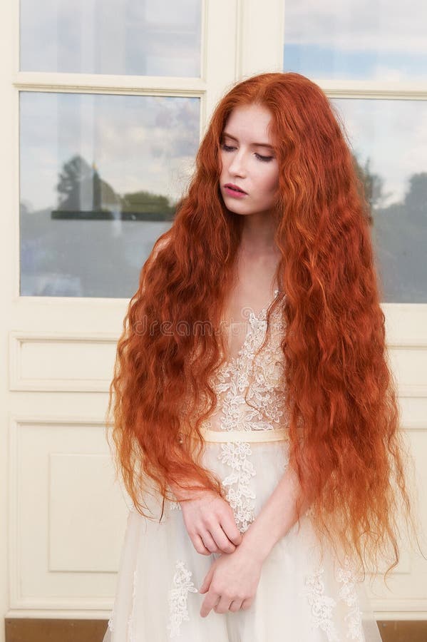 Beautiful Red-haired Girl with Long Curly Hair in the Bride, in a Long Lace   Natural Beauty. Stock Photo - Image of caucasian, away: 103059080