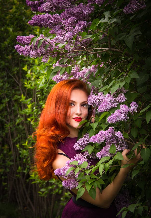 Portrait Of Beautiful Woman With Red Hair In Spring Garden Stock Image Image Of Healthy