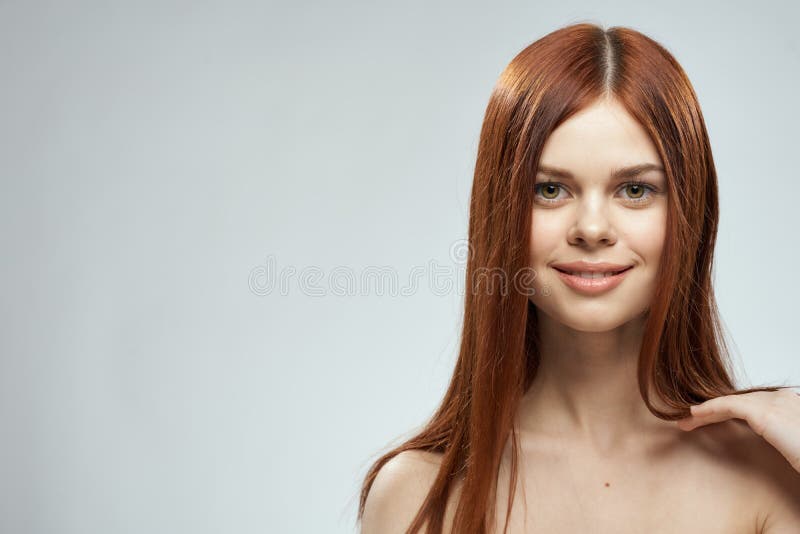 Beautiful Red Haired Woman Naked Shoulders Cosmetics Long Hair Glamor Light Background Stock 