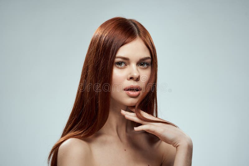 Beautiful Red Haired Woman Naked Shoulders Cosmetics Long Hair Glamor Light Background Stock 