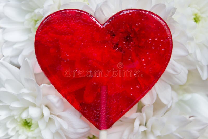 Beautiful red Heart shaped Candy in white flowers background