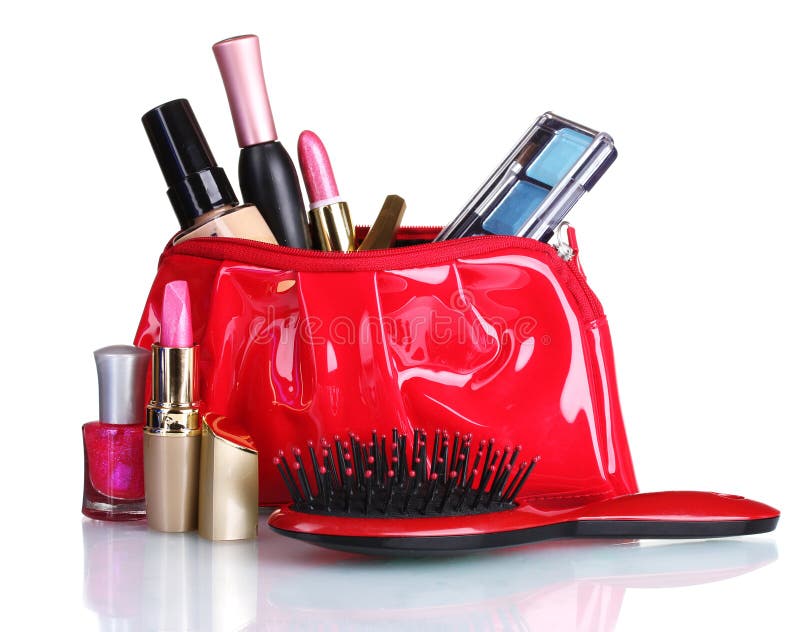 Beautiful Red Makeup Bag and Cosmetics Stock Photo Image of