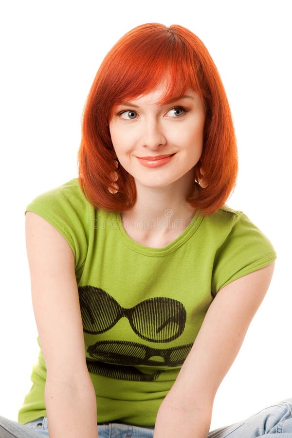 Beautiful redhead girl in green t-shirt