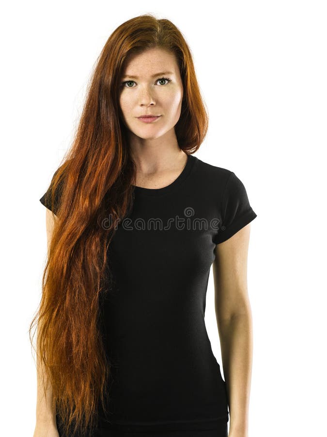 Redhead Woman Posing With Blank Black Shirt Stock Image Image Of 