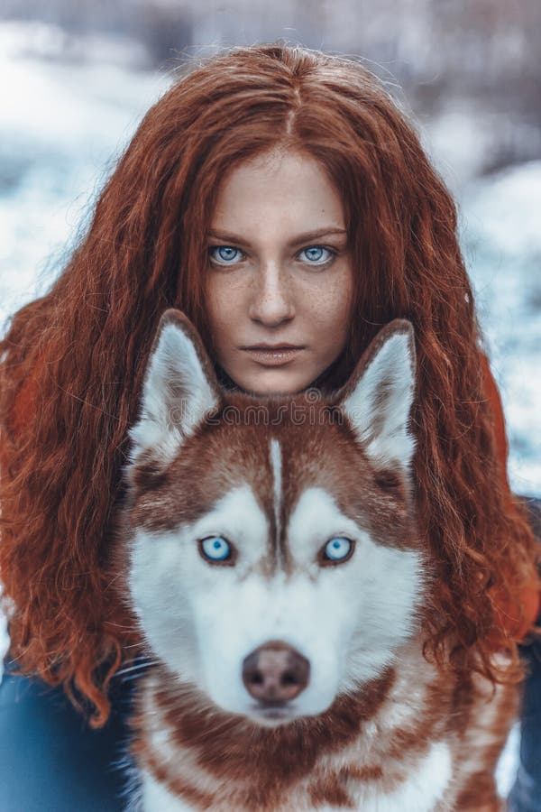 Beautiful Redhead Woman Snow Red Husky Background Portrait Beauty