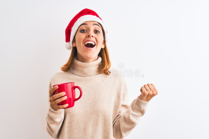 Beautiful Redhead Woman Wearing Christmas Hat Drinking a Cup of Coffee ...