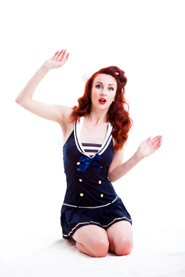 Beautiful Retro Pin Up Girl In A Sailor Style Dress Stock